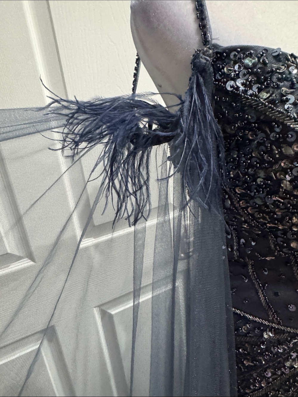 Embellished Navy Evening Gown with Feather Trim - Picture 3 of 7